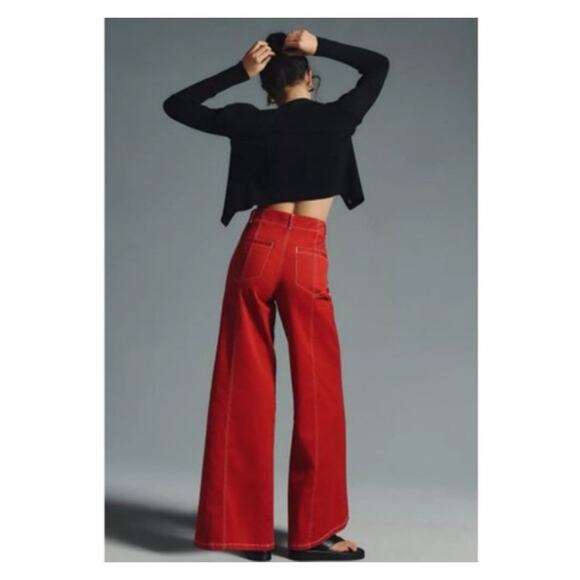 Maeve Seamed High Rise Wide Leg Jeans Red Size 28 Anthropologie - Picture 3 of 11